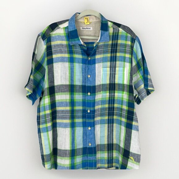 Tommy Bahama Shirt Men's XL 100% Linen Blue Plaid Button Up Casual Lightweight - Picture 1 of 9